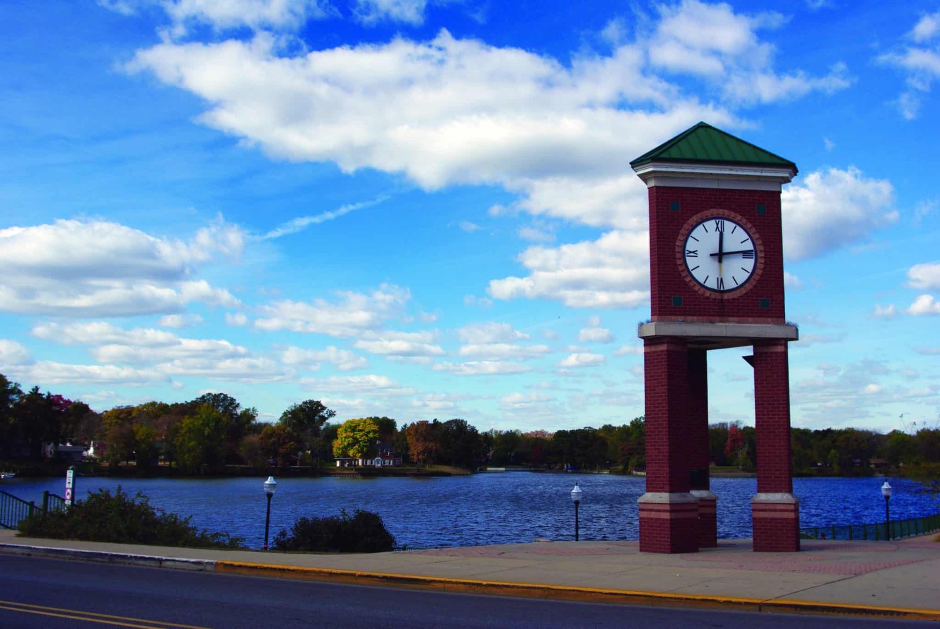 The Lake George clock tower in Hobart, Indiana, overlooking the lake